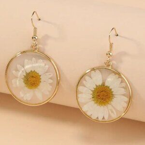 Women's Gold Metal Circular Floral Daisy Flower Hanging Dangling Earrings